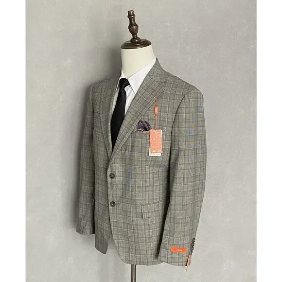 Tallia Men's 38 Short Suit Jacket Stretch Wool Blend Cream/Brown Plaid NEW